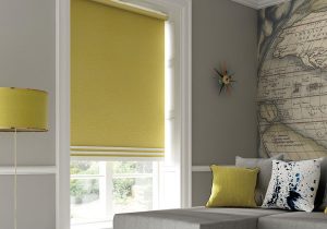 Lime green roller blinds in a living room