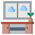 Home office window with a desk and plant in front. Icon image.