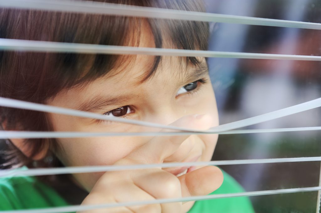 Portrait of an innocent small boy peeping through window with bespoke window blinds
