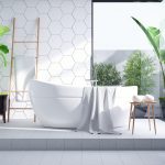 Modern Bathroom interior design,white bathtub on on white tile wall and concrete floor tile ,3d render