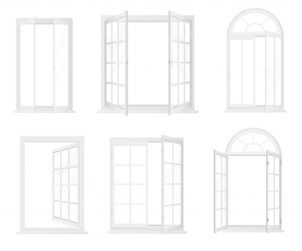 Different types of windows. Realistic decorative windows icons set