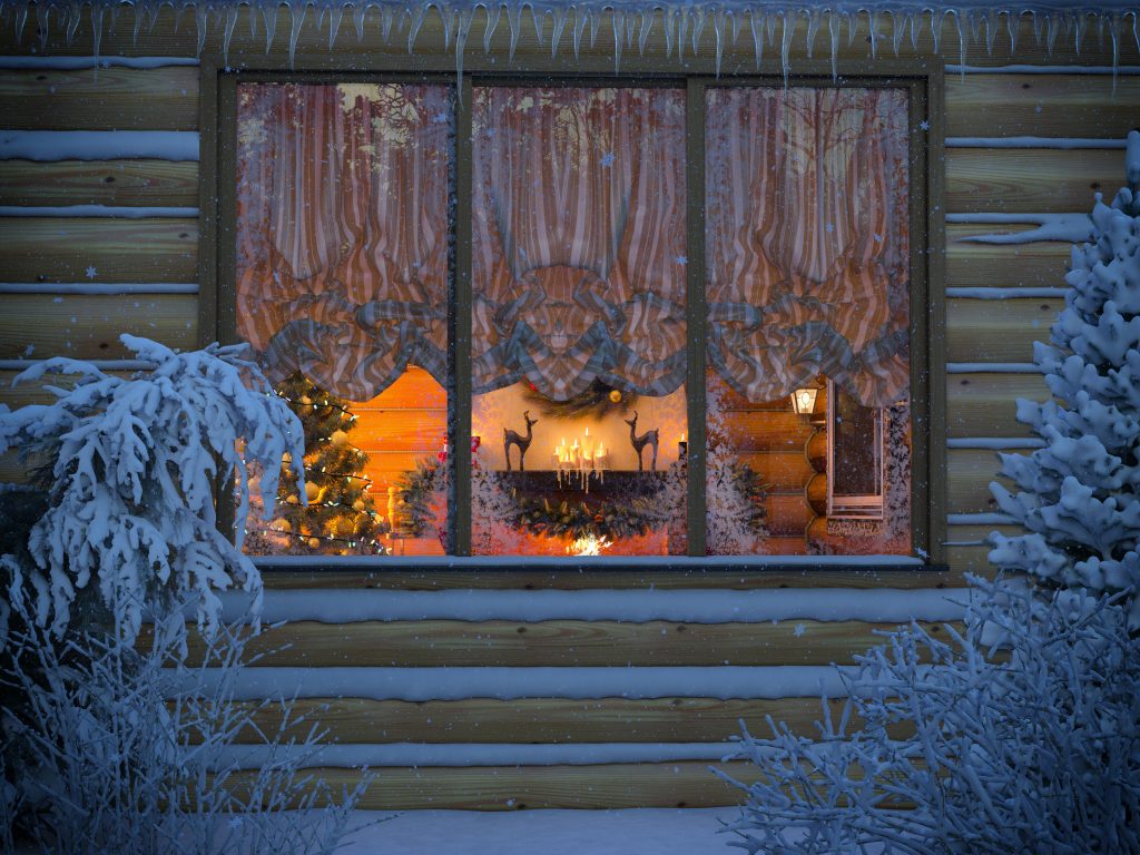 3D render of a New Year's interior from a house window from a felling. A foreshortening from the snow-covered yard with fir-trees and bushes
