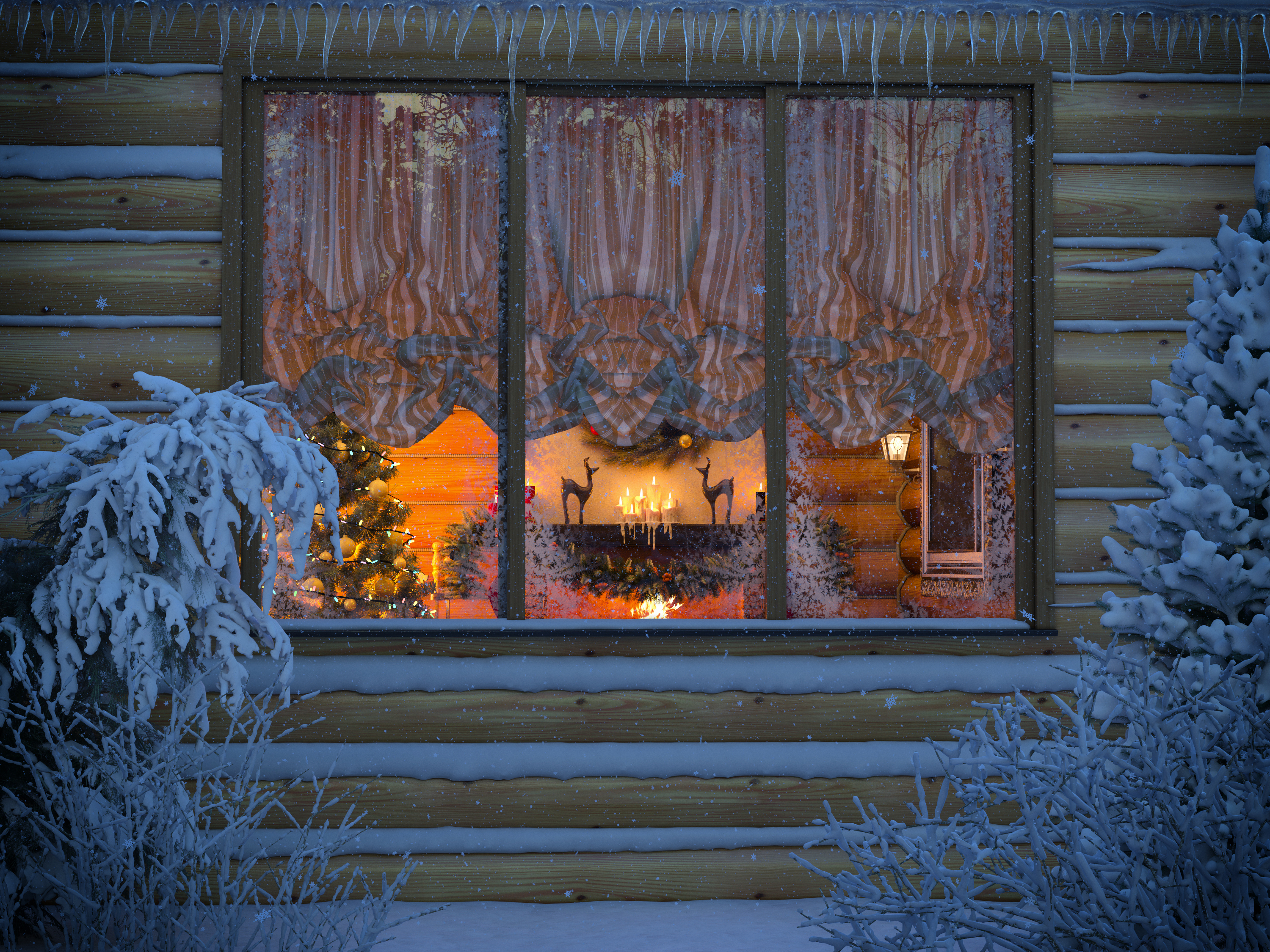 3D render of a New Year's interior from a house window from a felling. A foreshortening from the snow-covered yard with fir-trees and bushes